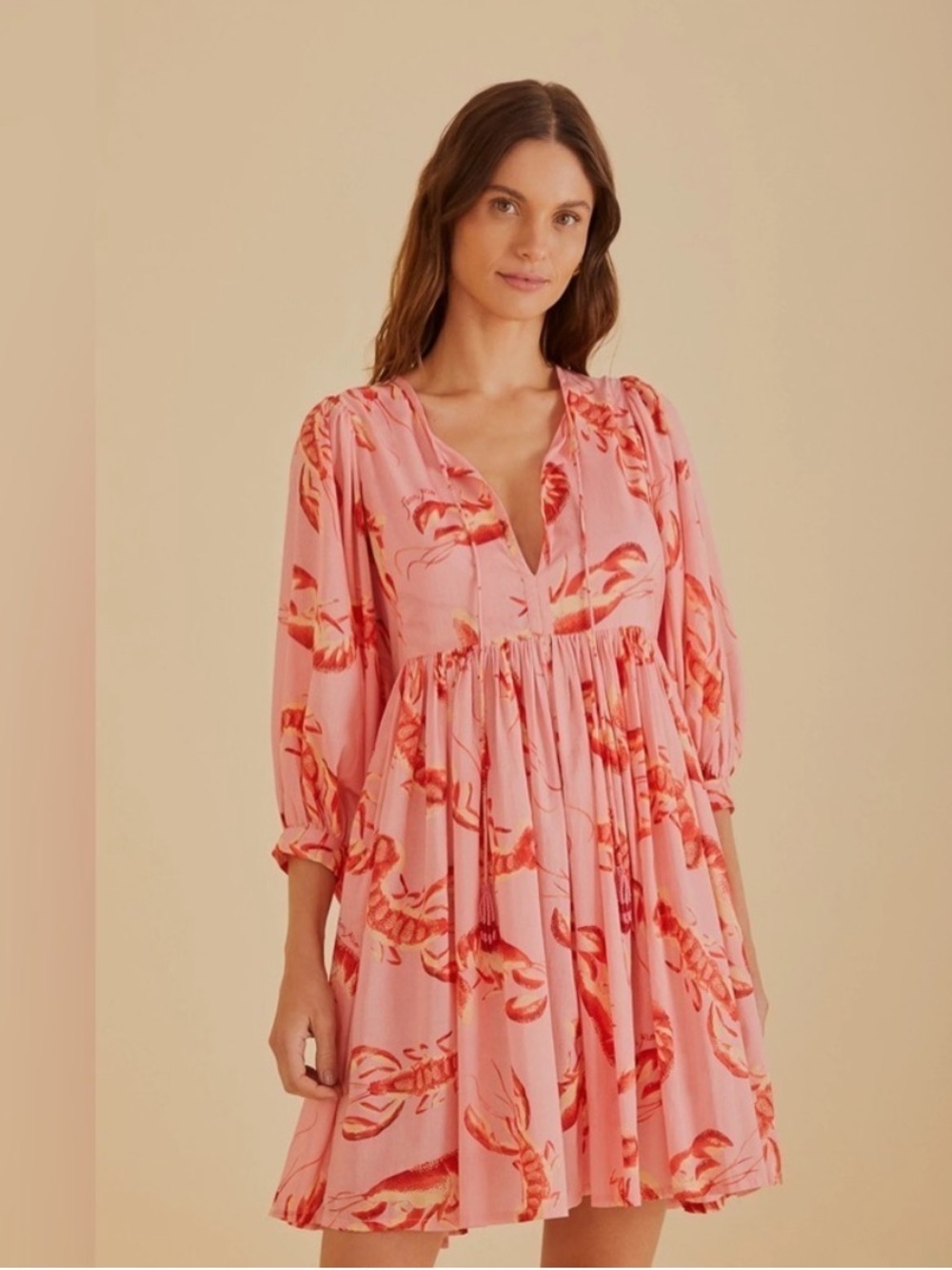 Farm Rio Lobster Pink Red Babydoll Tie Front Dress Cotton Size Large